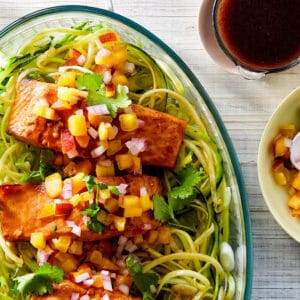 Chilli-glazed Salmon with Zoodles and Nectarine Salsa