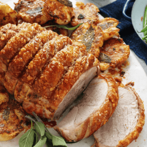 Crackled Boneless Pork Leg Roast With Crunchy Parmesan & Sage Potatoes