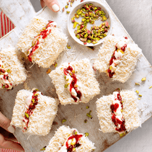 Pistachio, White Chocolate & Raspberry Lamingtons